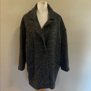 Gray oversized cocoon pea coat with wide lapel and long sleeves